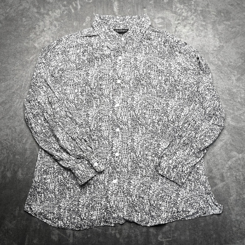 Foxcroft Button Down Shirt Womens 14W Black White Abstract Speckle Fitted Rayon‎